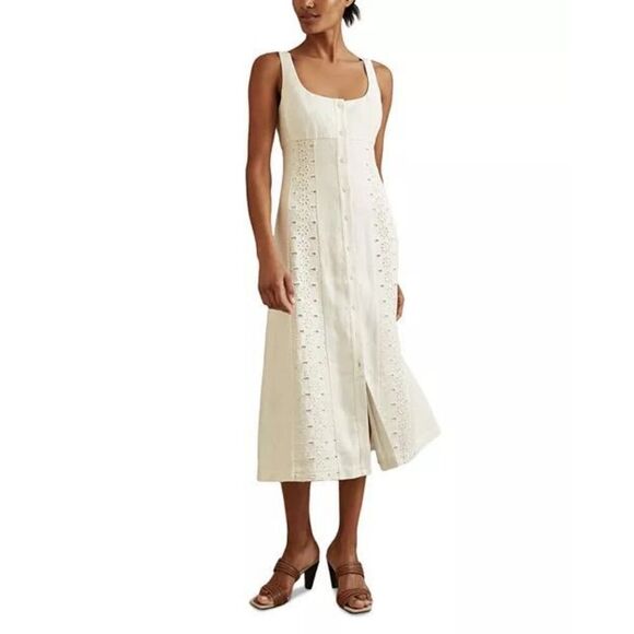 Reiss Women's Ivory Clarice Linen Broderie Midi Dress Size 10 NWOT - Picture 4 of 11